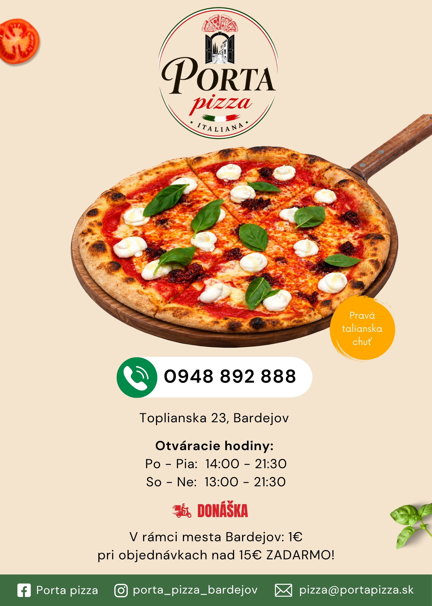 Porta pizza - kontaktný telefón, donášková služba, osobný odber