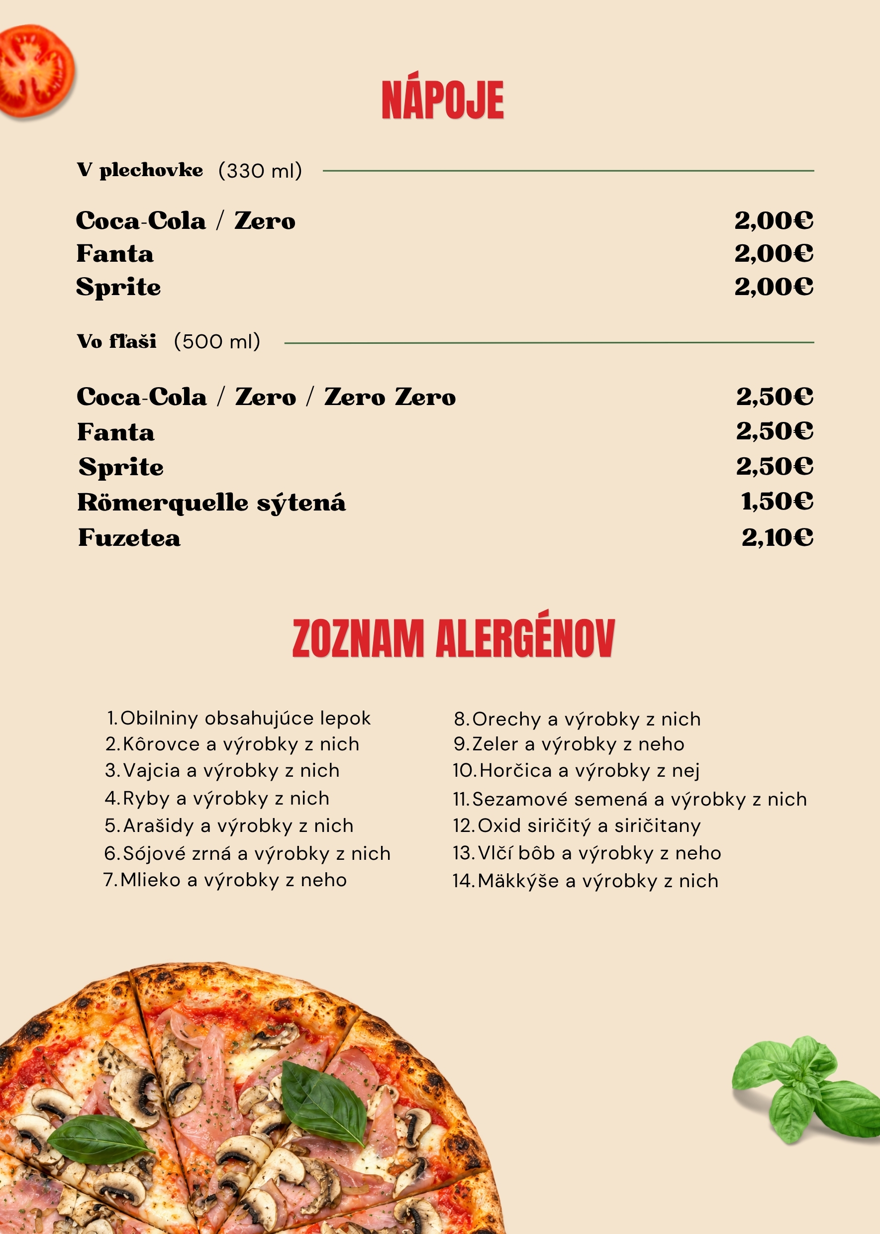 Doplnky na pizzu, zoznam alergénov